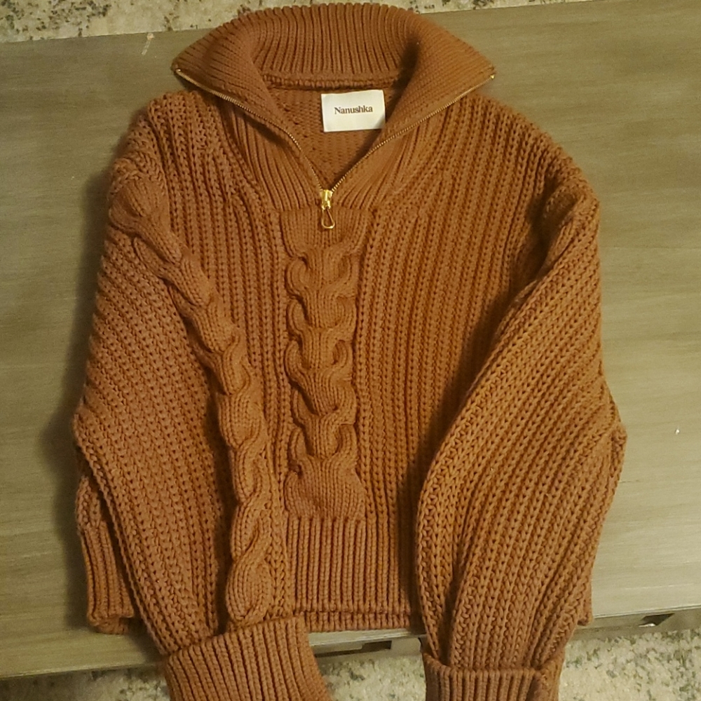 Nanushka Evie Half-Zio Cable Knit Sweater
